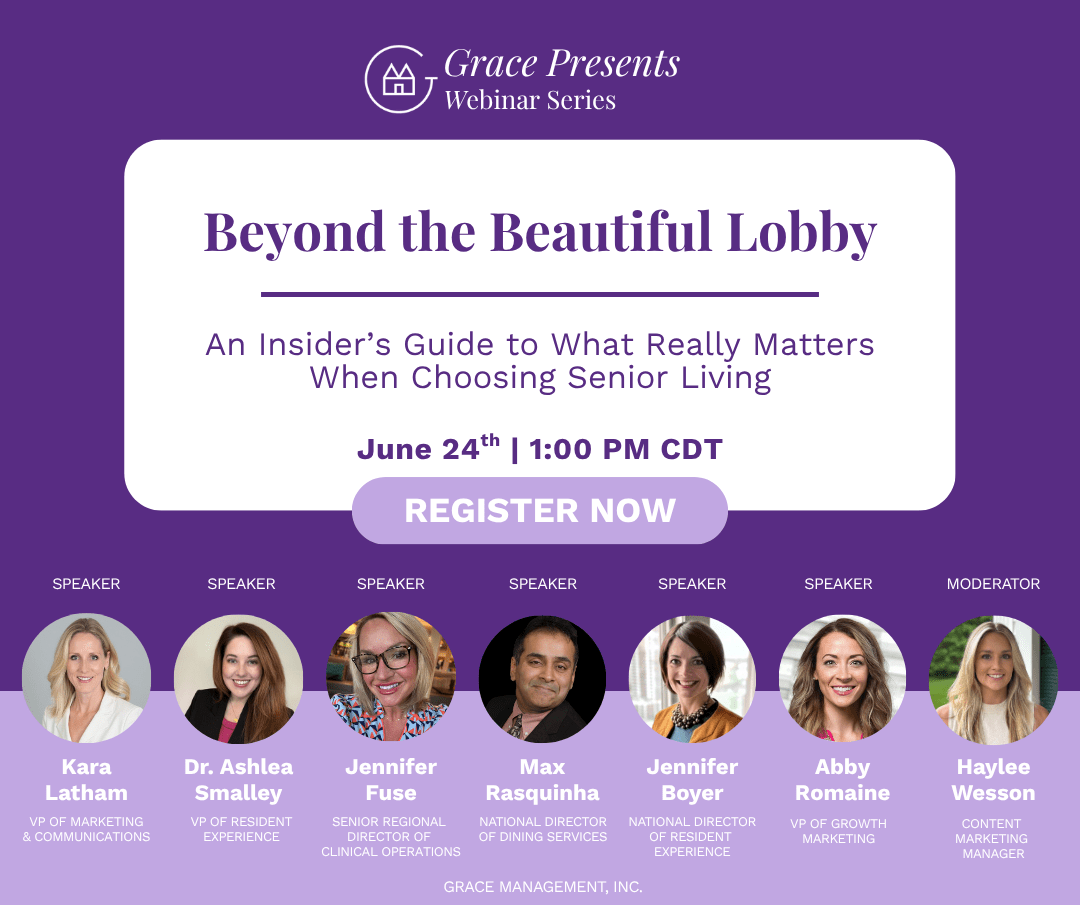 Event poster for Grace Presents webinar 'Beyond the Beautiful Lobby' with date June 24, 1:00 PM CDT and a prominent 'Register Now' button; features seven speaker headshots and titles on a purple background.